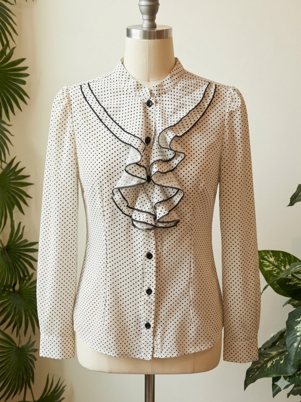 Cream Polka Dot Ruffle-Front Blouse with Black Trim